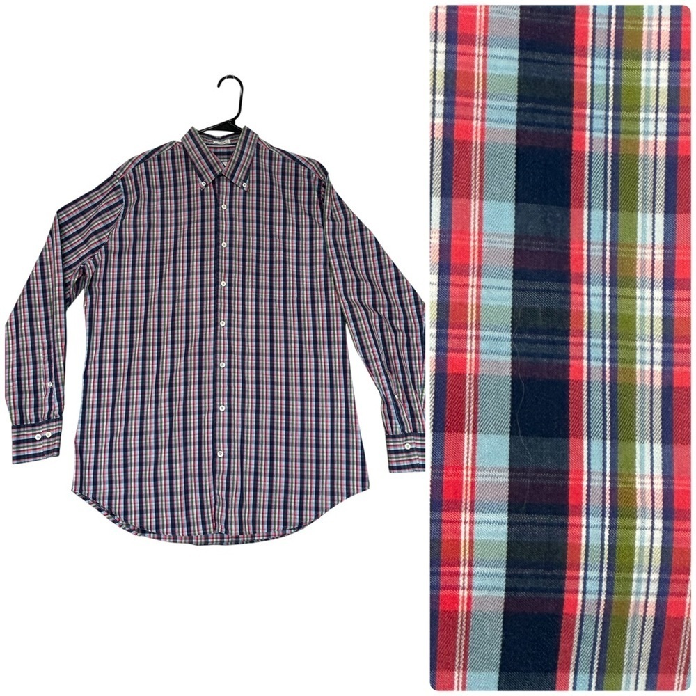 Peter Millar Seaside Finish 100% Cotton Plaid Button Down Shirt Blue Red Green